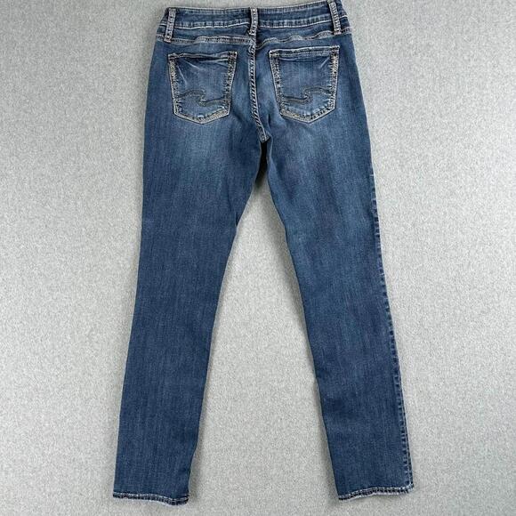 Silver Jeans Women's Straight Leg Low Rise 29x32 Blue Dark Wash Whiskering Fade - Picture 7 of 8